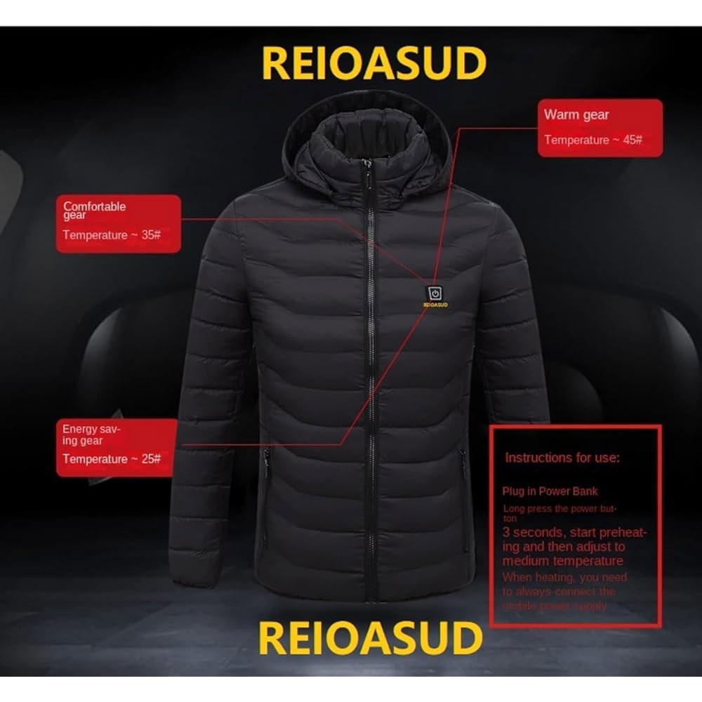 REIOASUD 2026 가열 후드 지퍼 여성 겨울 레벨 난방 3가지 재킷 스몰 코트 온열 구역 다중 5., 아웃도어, 남성 1 Small - 상세 이미지 2