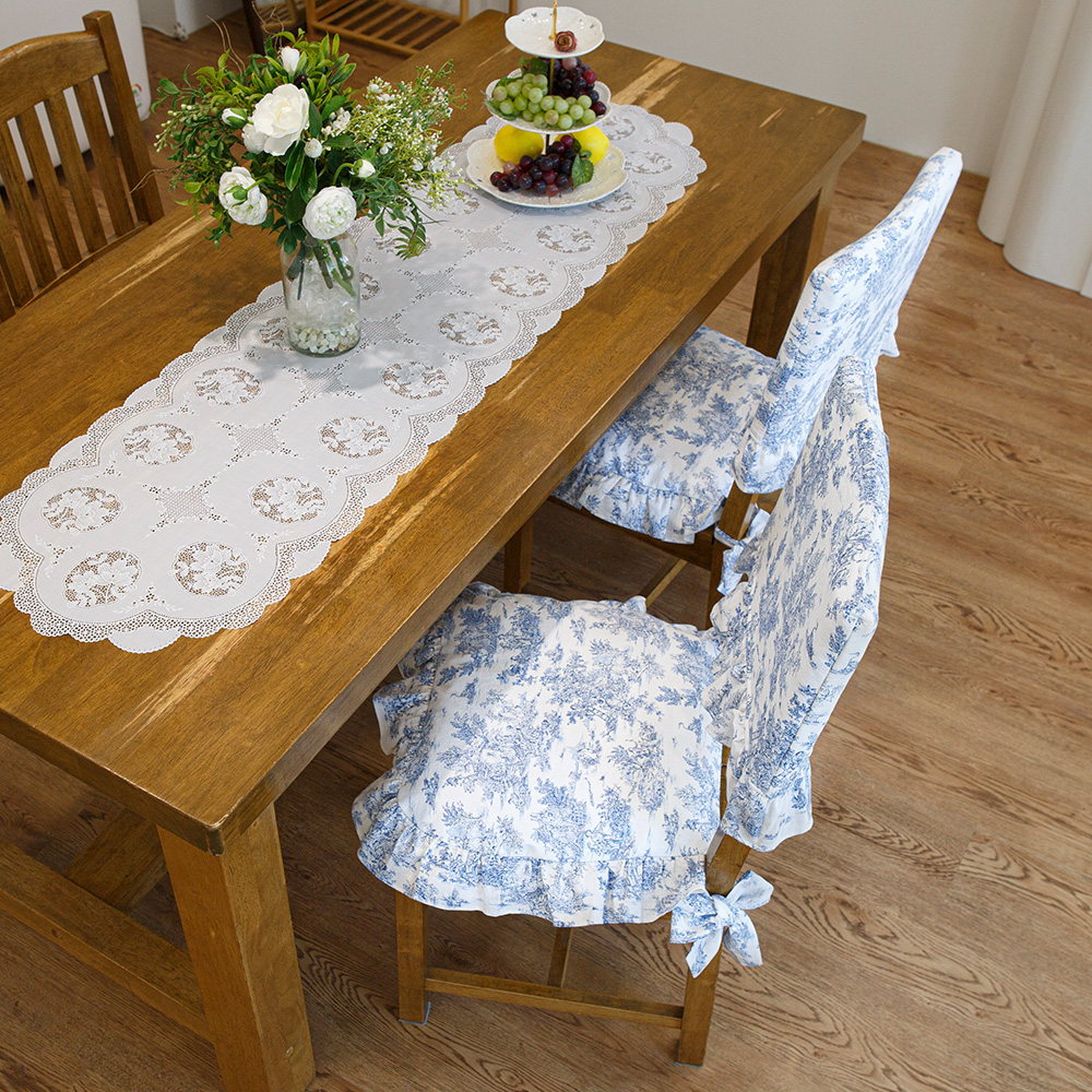 뜨왈 식탁 의자 방석 커버, 블루 면 린넨 워싱 프릴 화장대 리폼