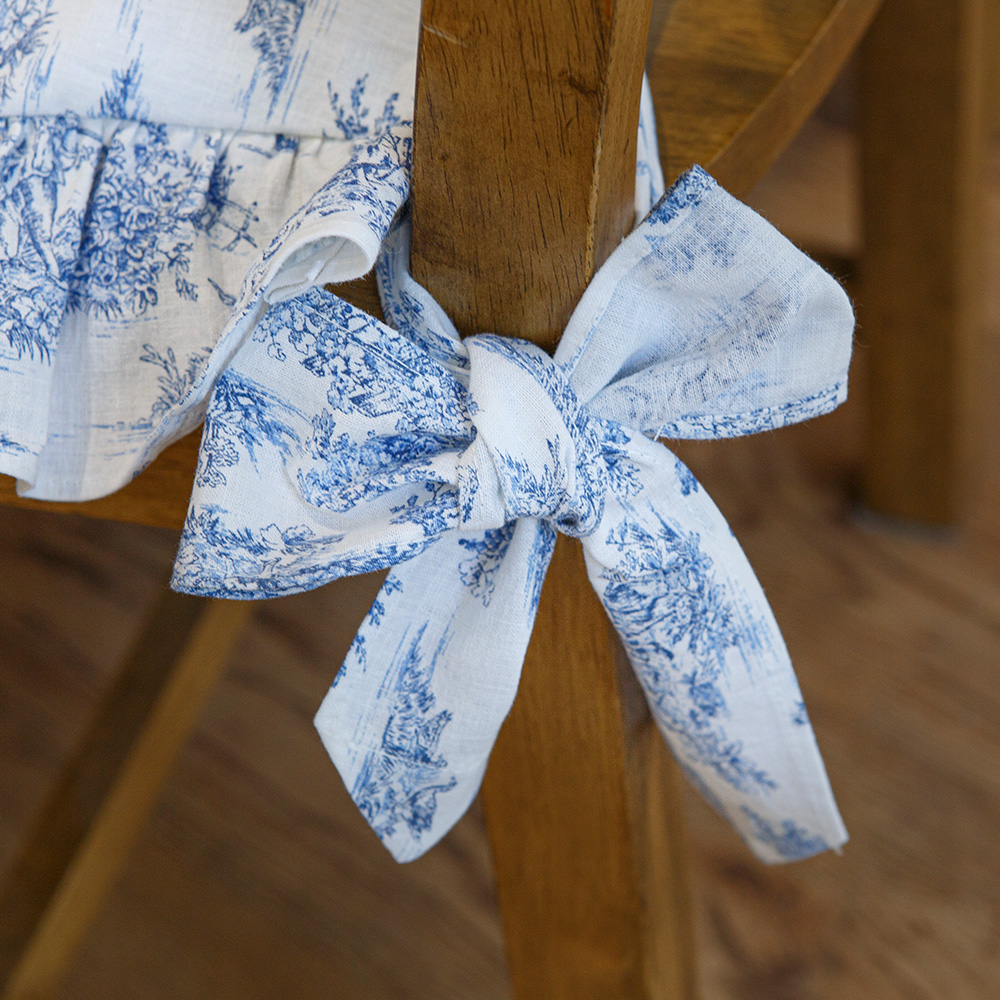 뜨왈 식탁 의자 방석 커버, 블루 면 린넨 워싱 프릴 화장대 리폼