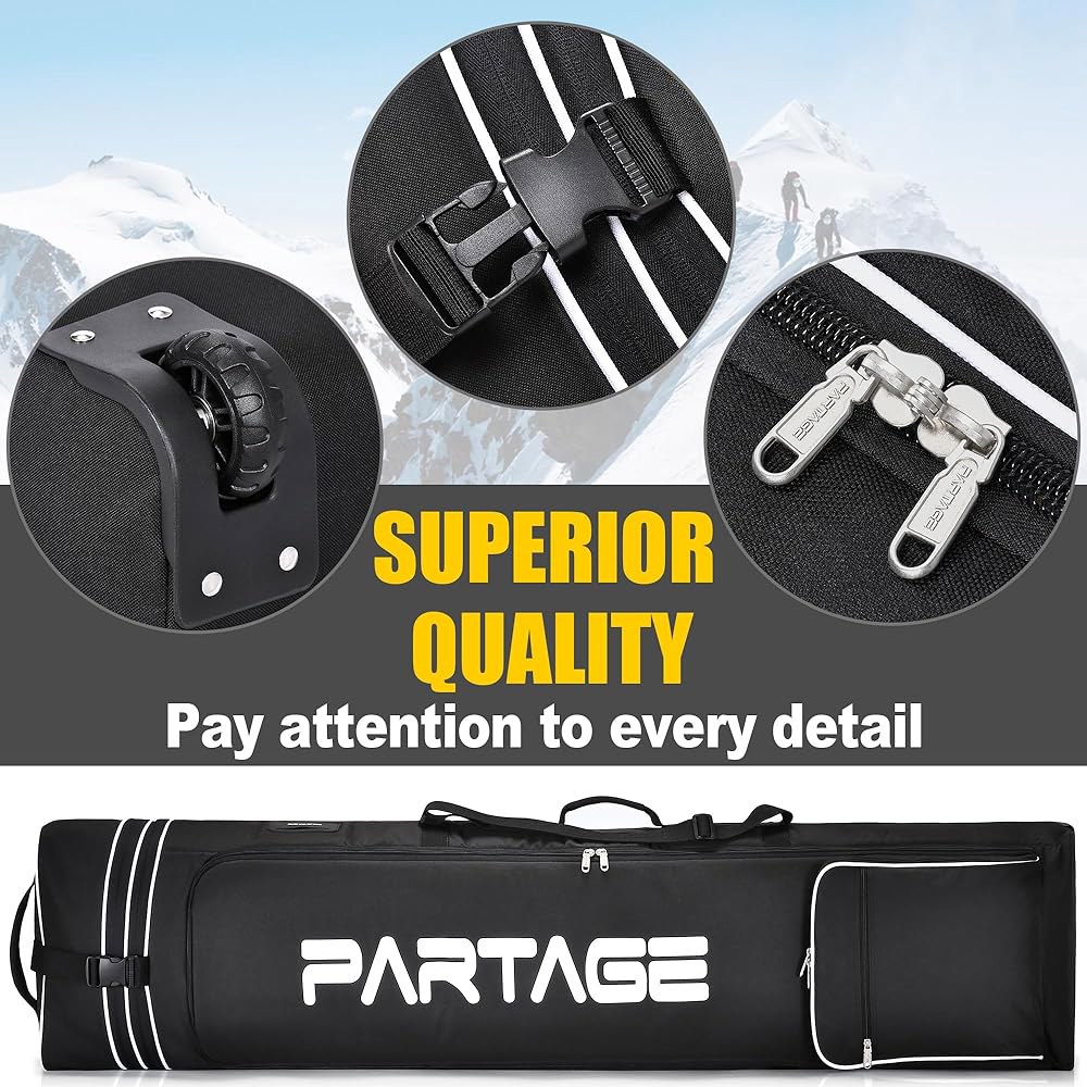 Partage 바퀴가 달린 스노보드 가방, 항공 - 600D 조절 길이 (170cm) 가능, 블랙 옥스포드 최대 방수 170cm까지 여행용 170 CM - 상세 이미지 2