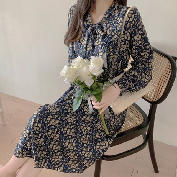 쉬폰 여자 롱 원피스 꽃무늬 여성 플라워 원피스 러플 드레스 - 상품 이미지