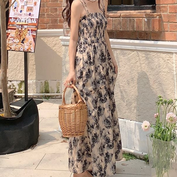 휴양지 쉬폰 롱 원피스 여름 플라워 롱 원피스 꽃무늬 나시 - 상품 이미지