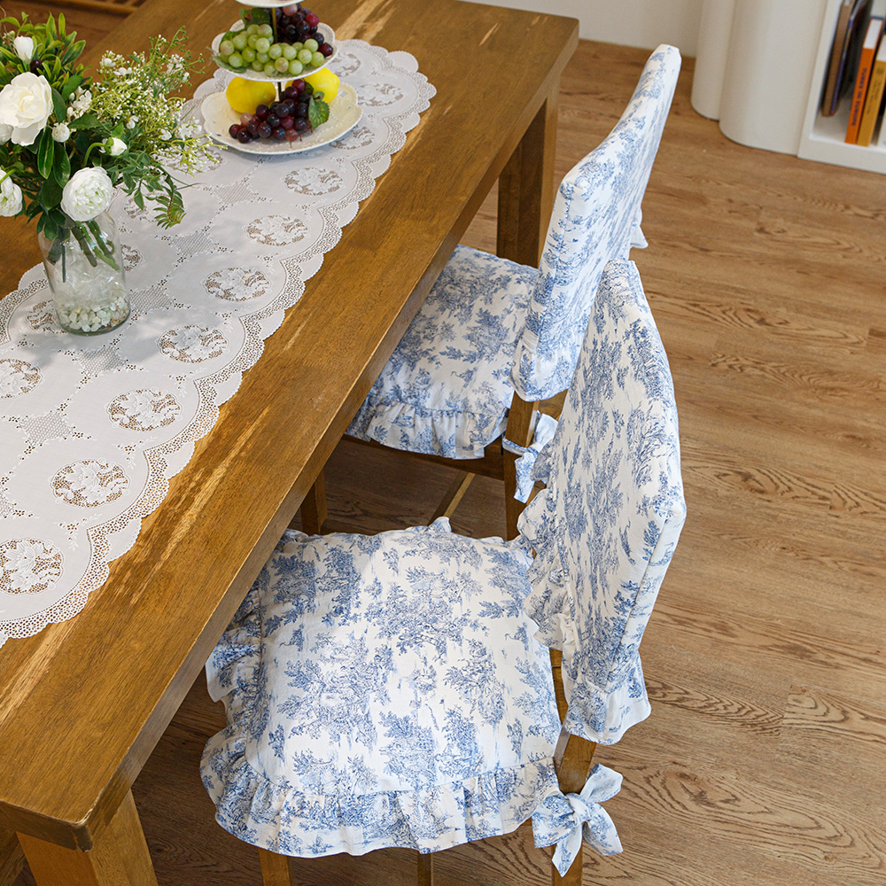 뜨왈 식탁 의자 방석 커버, 블루 면 린넨 워싱 프릴 화장대 리폼