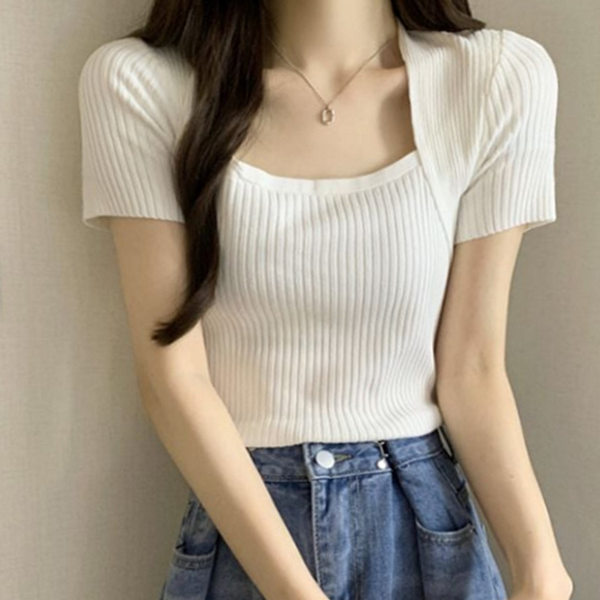 데일리 여성 반팔 티셔츠 스퀘어넥 여성 골지 티셔츠 라운드 여름 - 상품 이미지