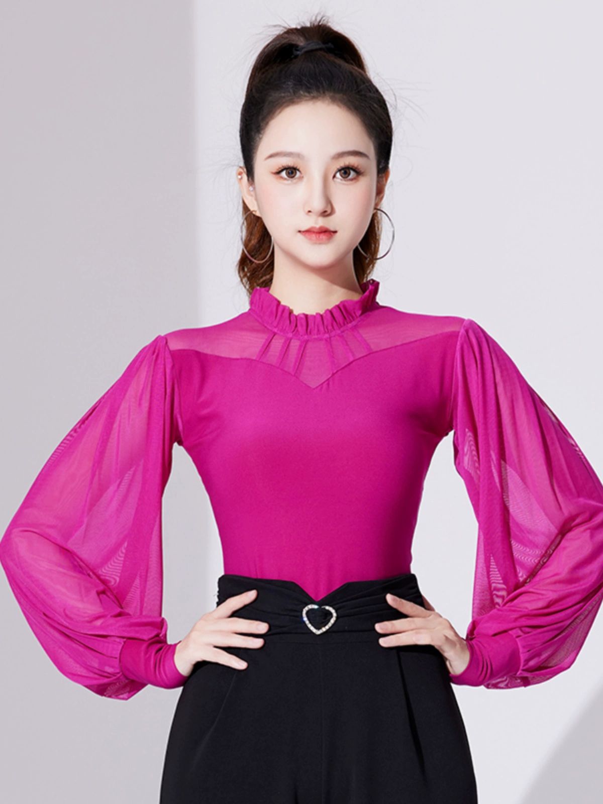 스포츠 댄스복 상의 긴팔 재즈 레이스 라인 라틴 블랙 M - 상세 이미지 3