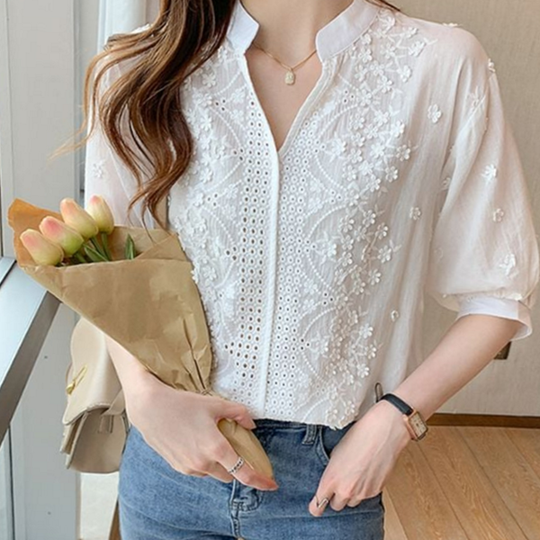 루즈핏 여성 블라우스 플라워 여성 자수 블라우스 펀칭 데일리 여름 - 상품 이미지