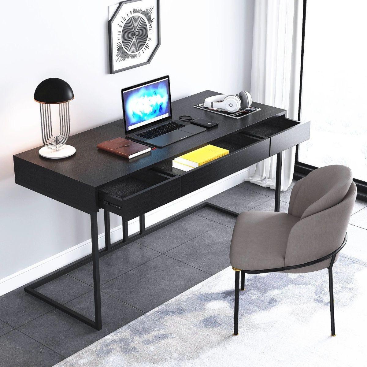 거실 테이블 컴퓨터 학생책상 블랙 모던 사무실책상 무광블랙 80 x 60x78cm 2단 서랍 - 상품 이미지