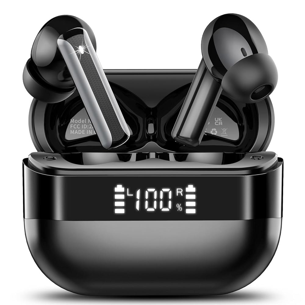 이어버드, 블루투스 5.4 헤드폰 HiFi 있는 이어폰 충전 48시간 안드로이드 IP7 재생 방수 인이어 LED 마이크 블랙 iOS용 케이스가 디스플레이 4개가 ENC 스테레오, - 상품 이미지