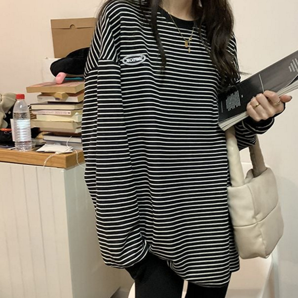 데일리 여성 스트라이프 티셔츠 루즈핏 여성 오버핏 티셔츠 단가라 라운드 - 상세 이미지 2