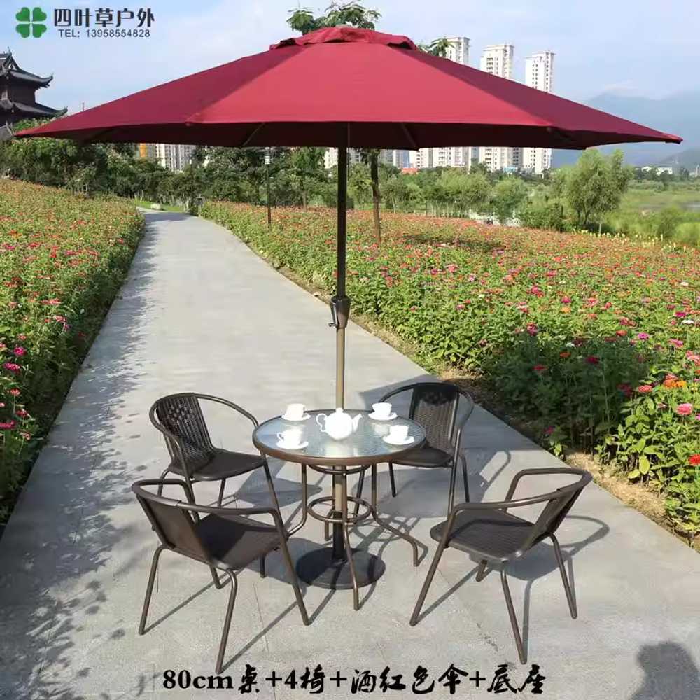 야외 원형테이블 세트 카페의자 파라솔 유리 테라스 80cm 원형/4개의자/레드 파라솔 - 상세 이미지 4