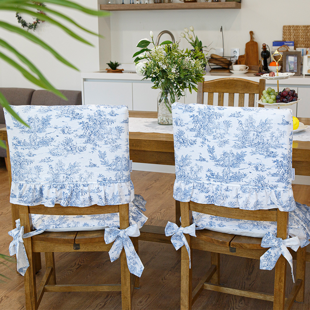 뜨왈 식탁 의자 방석 커버, 블루 면 린넨 워싱 프릴 화장대 리폼
