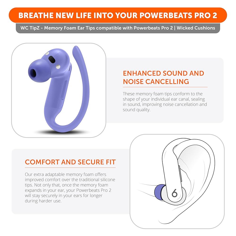 WC TipZ Powerbeats Pro 2 안전한 차단 메모리 소음 및 팁 향상된 2와 편안함, 핏 호환되는 Beats Wicked 폼 퍼플 - 이어 Cushions Black - 상세 이미지 3