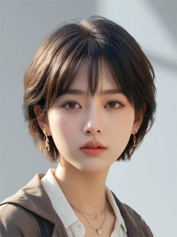 인모 레이어드 숏 단발 가발 항암 엄마 100%진짜 내추럴블랙 - 분할 자연 헤어 - 상품 이미지