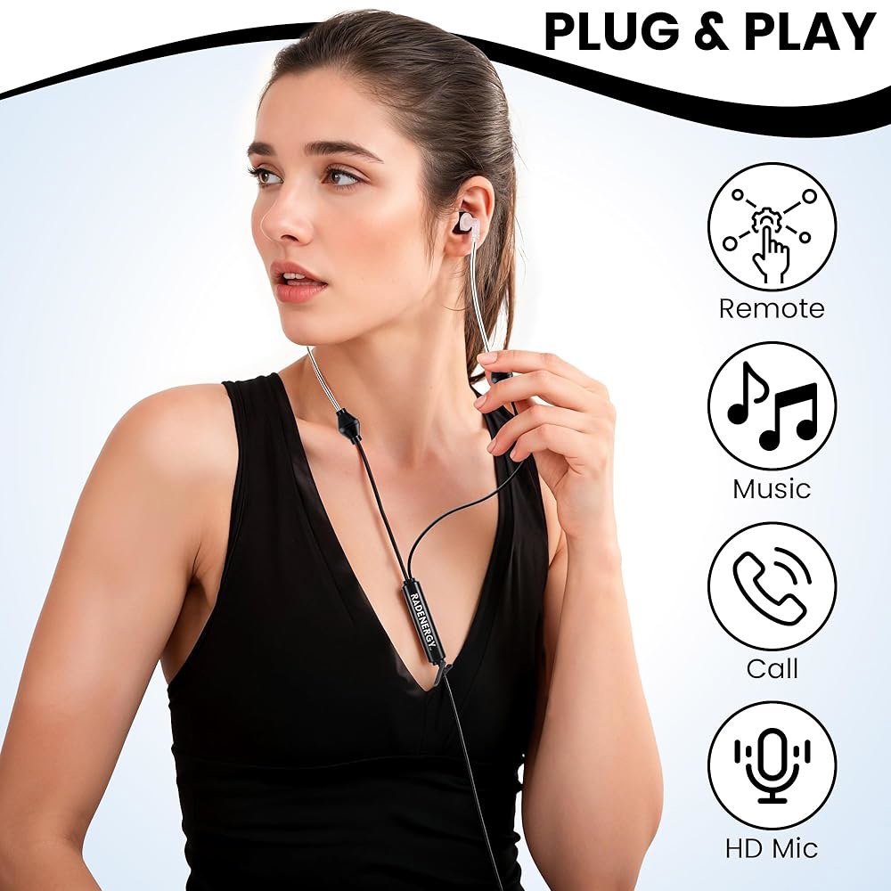 RadEnergy Airtube 헤드폰, EMF 프리 3D 고품질 사운드, 튜브 이어버드, 작업 (3.5mm 컨트롤, 에어 장치용 볼륨 있는 지퍼 체육관, 마이크 수면, 백이 잭) - 상세 이미지 3