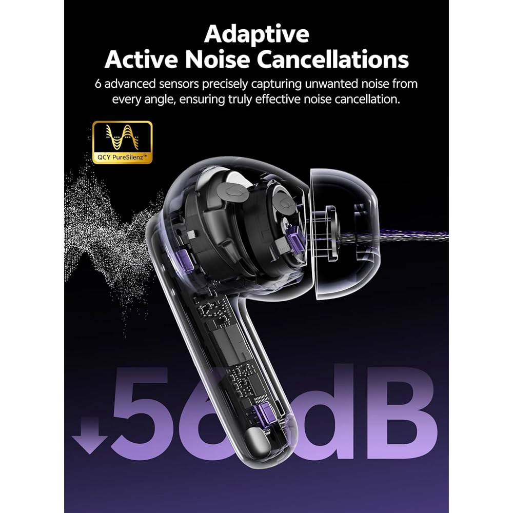 QCY MeloBuds N70 Aadptive 하이브리드 노이즈 충전, 방수 캔슬링 LDAC 고해상도 마이크 이어버드, 재생, 6개 콜, 액티브 IPX5 블루투스 6.0, 클리어 - 상세 이미지 2