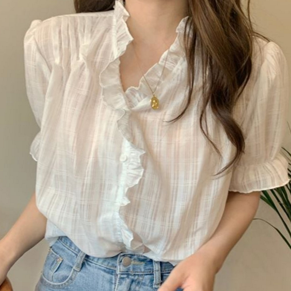 루즈핏 여성 프릴 블라우스 레이스 여성 브이넥 블라우스 데일리 봄여자 - 상품 이미지