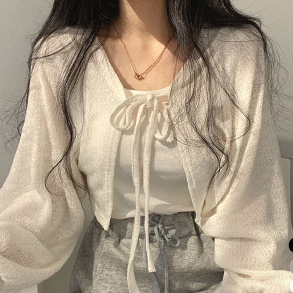 루즈핏 여자 볼레로 가디건 시스루 여름 볼레로 가디건 스트링 크롭 - 상품 이미지