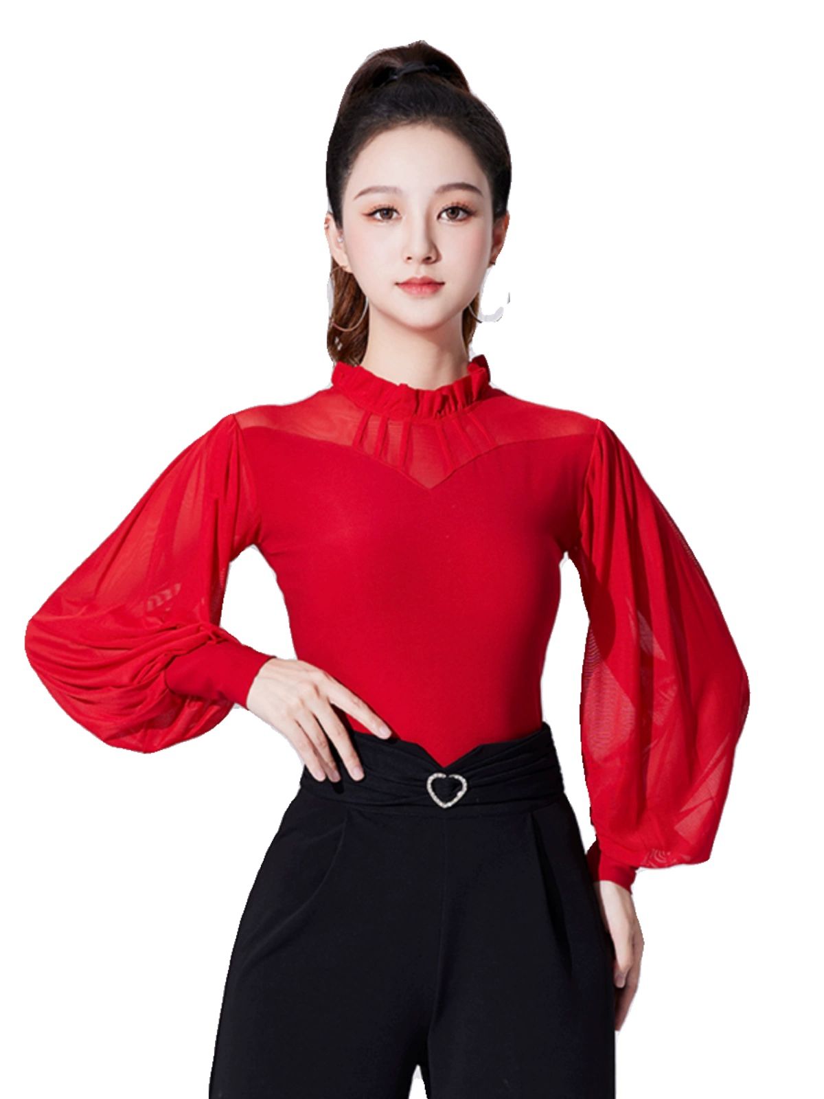 스포츠 댄스복 상의 긴팔 재즈 레이스 라인 라틴 블랙 M - 상세 이미지 5