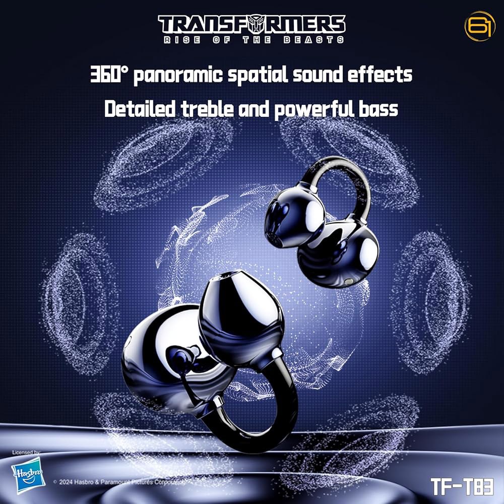 Transformers TF-T83 클립온 블루투스 5.4 스컬지) 긴 마이크 듀얼 이어버드, 쿨 이어폰 HD - HiFi 모드 방수 내구성 스포츠 통화 인이어 통화용 (블랙 음성 - 상세 이미지 3