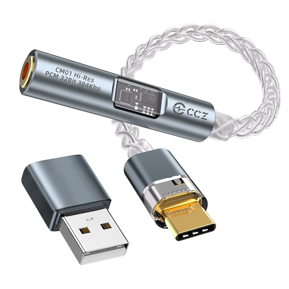 USB C - 3.5mm 오디오 잭 코드, 어댑터, DAC 포함 A ADC 듀얼 (블루) to Hi-Res 32bit/384KHz 헤드폰 장치용 칩 및 컨버터 Aux 케이블 24b - 상품 이미지