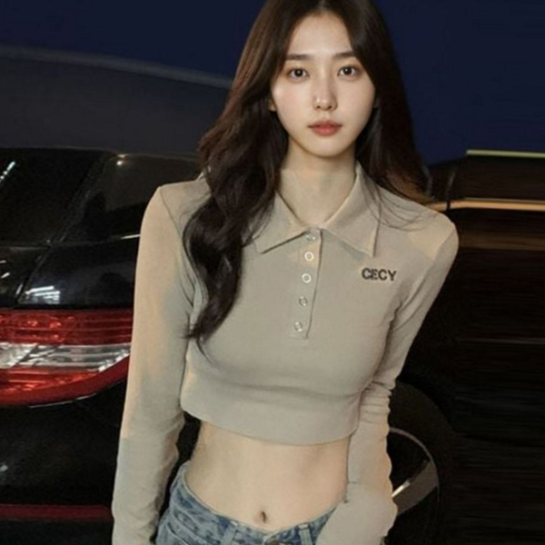 슬림핏 여성 크롭 티 카라 여성 긴 팔 티 골지 - 상품 이미지