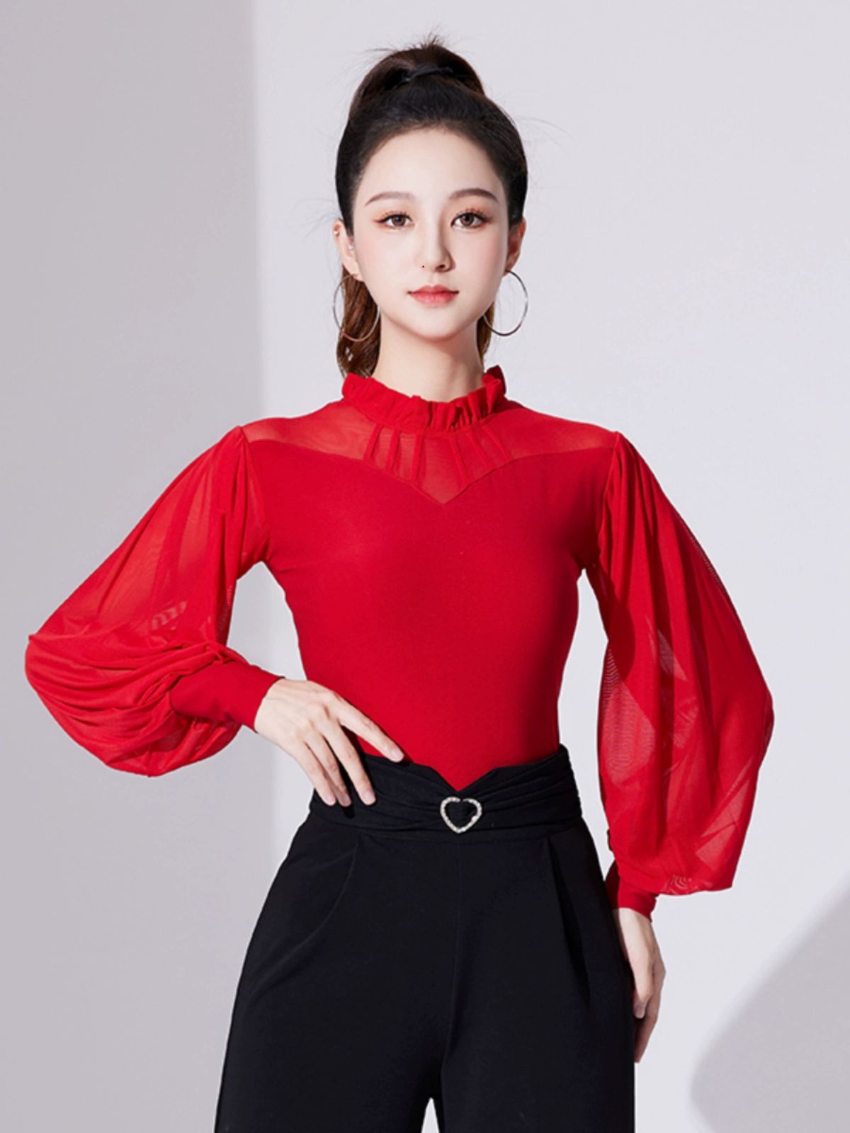 스포츠 댄스복 상의 긴팔 재즈 레이스 라인 라틴 블랙 M - 상세 이미지 4