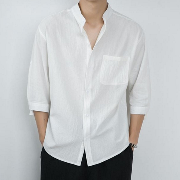 데일리 남성 헨리넥 셔츠 캐주얼 남자 린넨 셔츠 루즈핏 통기성 - 상품 이미지
