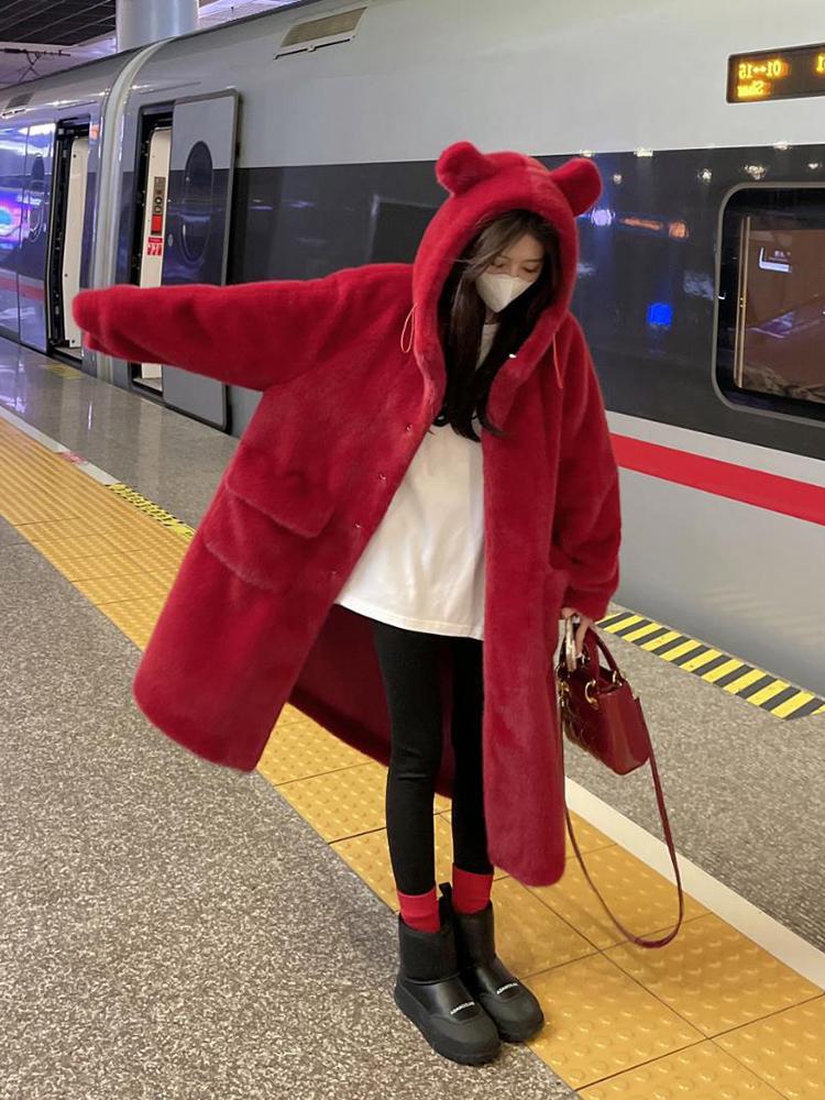 에코퍼롱코트 연말모임룩 모피 밍크코트 인조퍼 인조밍크코트 양털 퍼롱코트 에코퍼후드 여성퍼코트 - 상세 이미지 3