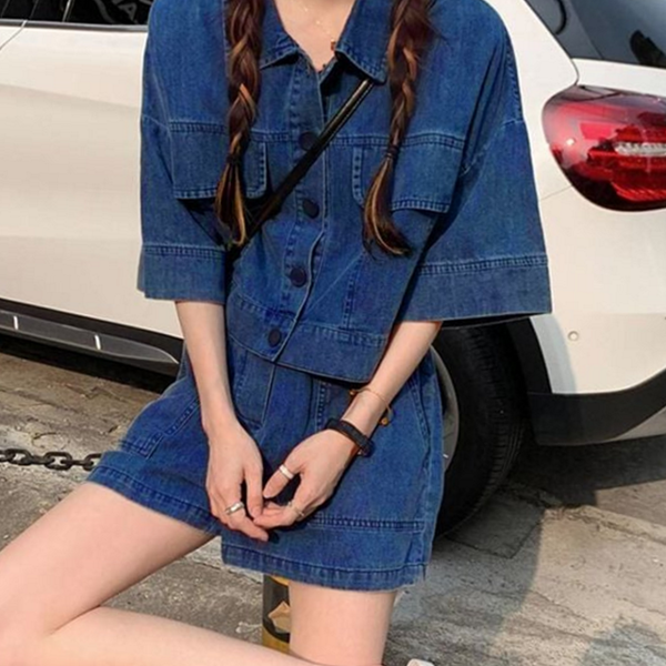 여름 여성 데님 셋업 반팔 여성 투피스 세트 코디 - 상품 이미지
