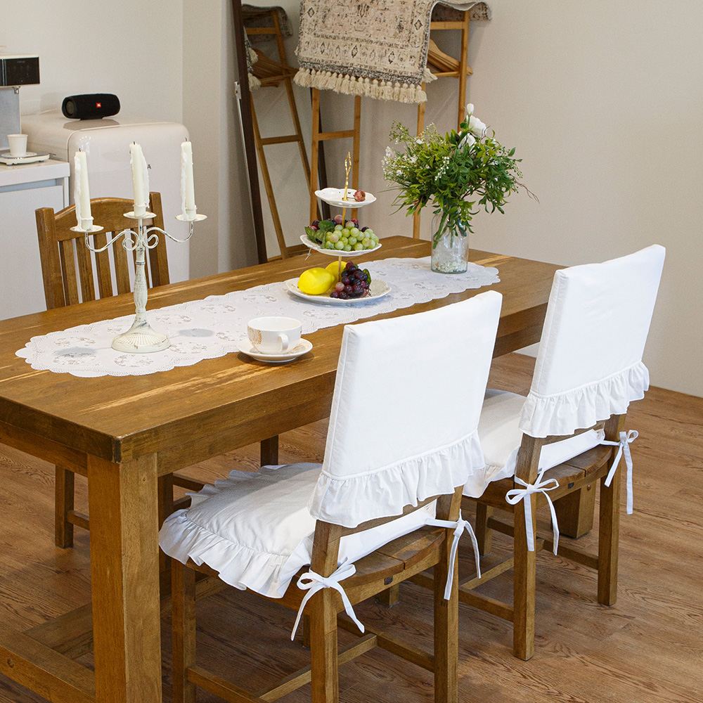 이지 식탁 의자 등받이 & 방석 커버, 화이트 순면 워싱 프릴 덮개