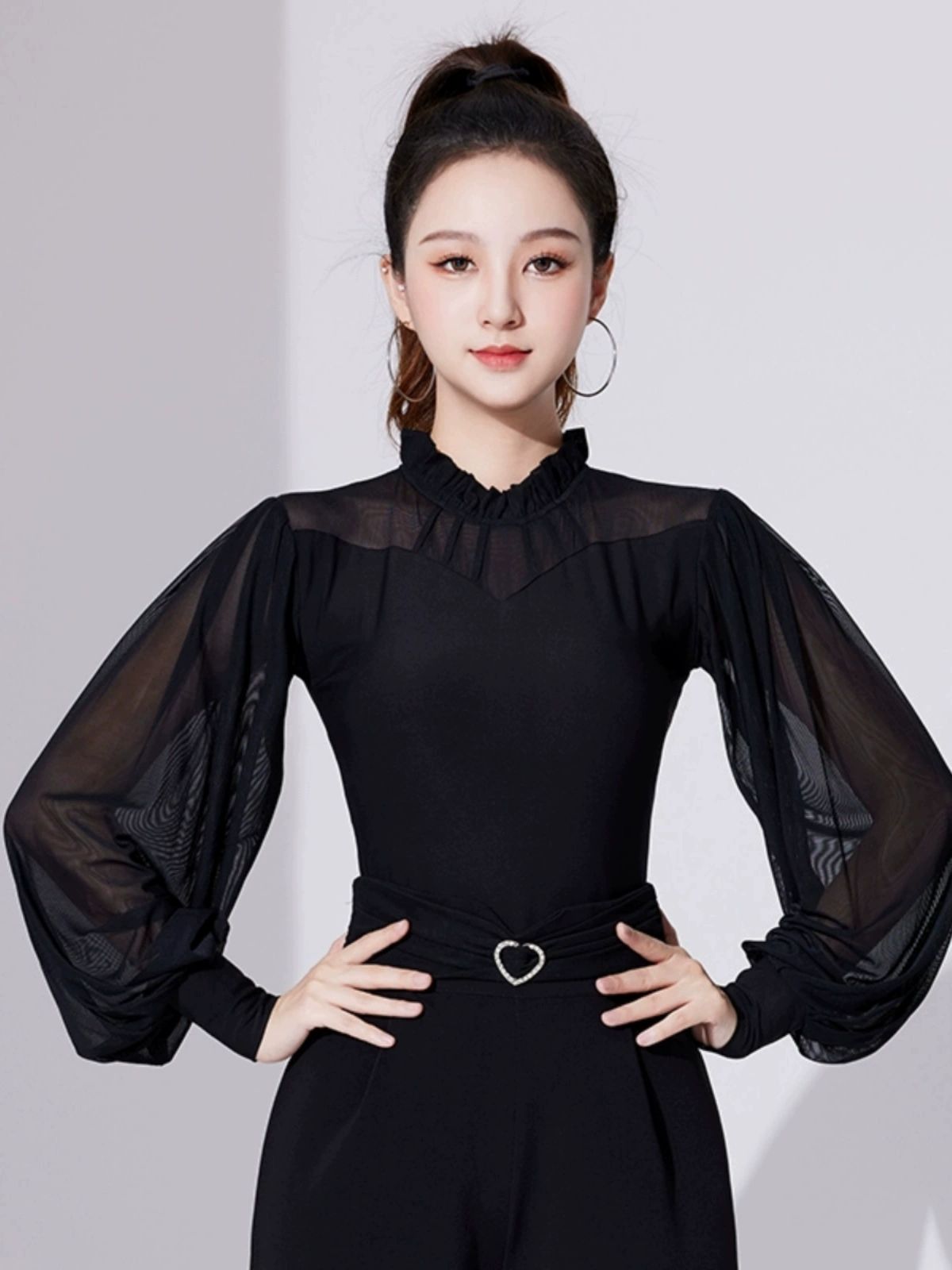스포츠 댄스복 상의 긴팔 재즈 레이스 라인 라틴 블랙 M - 상품 이미지