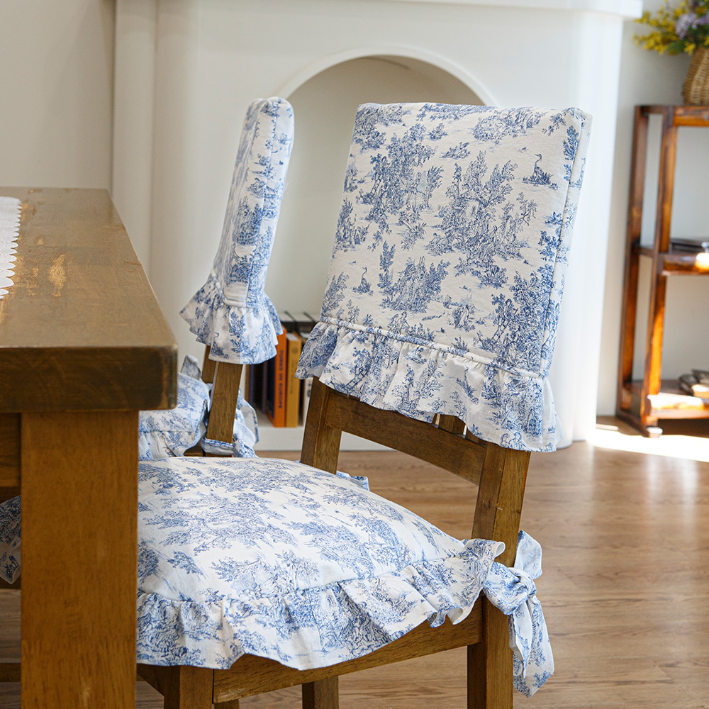 뜨왈 식탁 의자 방석 커버, 블루 면 린넨 워싱 프릴 화장대 리폼