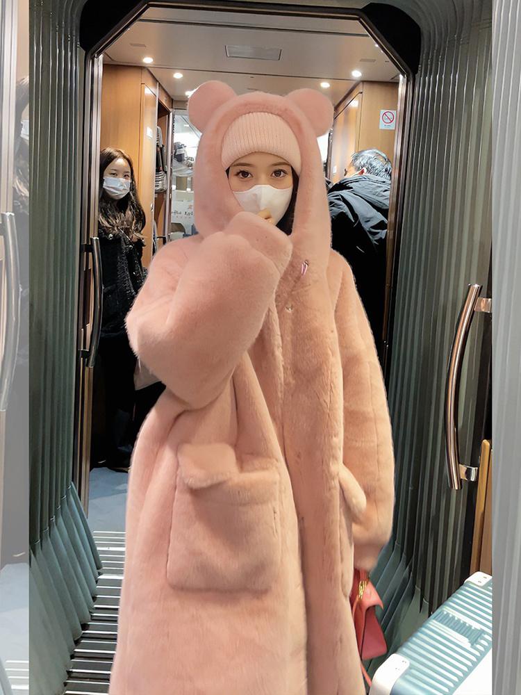 에코퍼롱코트 연말모임룩 모피 밍크코트 인조퍼 인조밍크코트 양털 퍼롱코트 에코퍼후드 여성퍼코트 - 상품 이미지