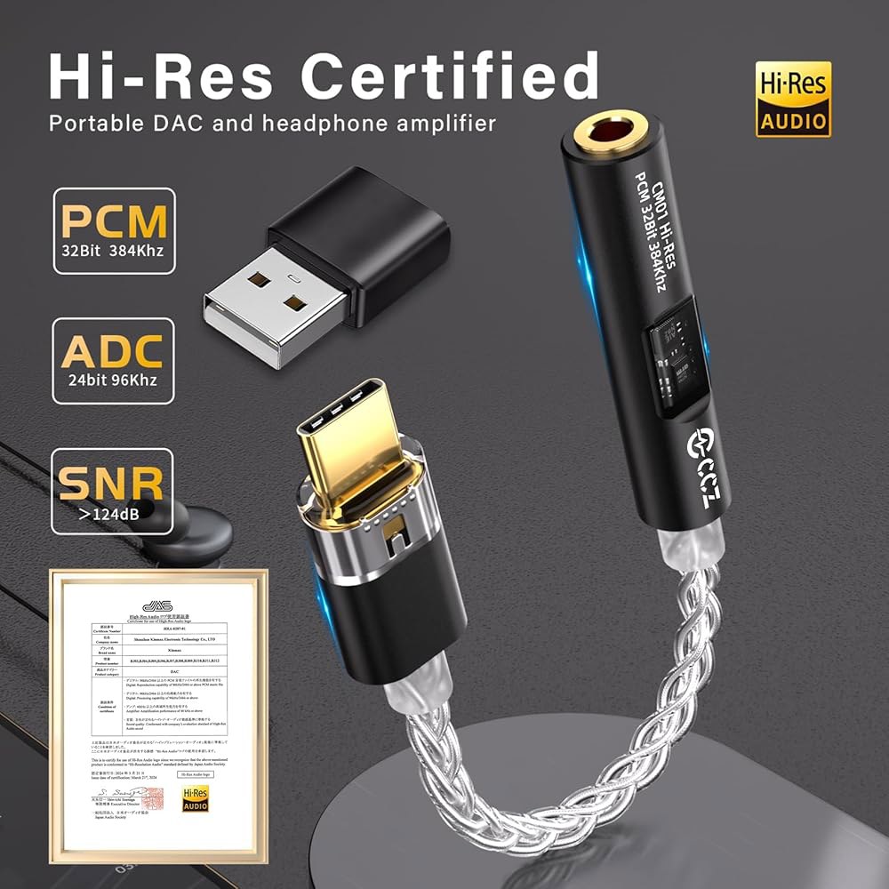 USB C to 3.5mm 오디오 CCZ 크리스탈 8 IEM 동글 Hi-Res 도금 MAX97220 케이블 헤드폰 어댑터, 구리 Aux 듀얼 PRO용 스트랜드 싱글 실버 CM01 - 상세 이미지 3