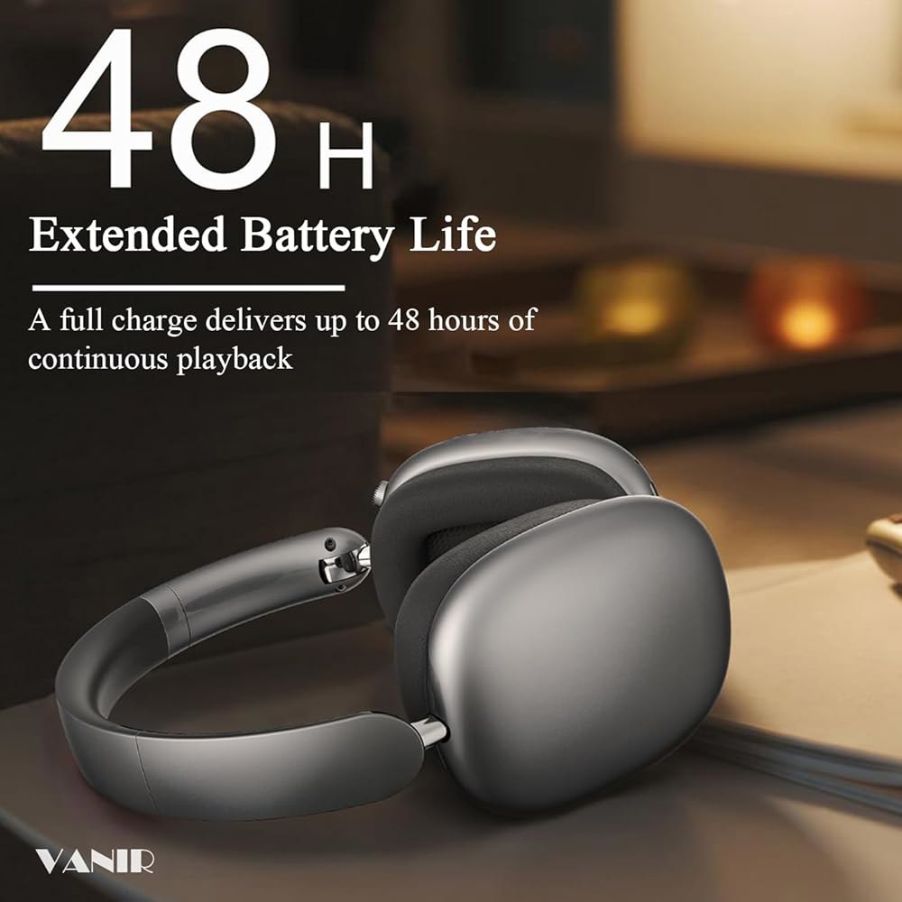 VANIR 오버 이어 무선 블루투스 헤드셋, 접이식 오피스 재생, 베이스 있는 헤드폰, HiFi 48시간 스테레오 캔슬링, 노이즈 AI PC용 딥 홈 휴대폰 경량 마이크가 - 상세 이미지 2