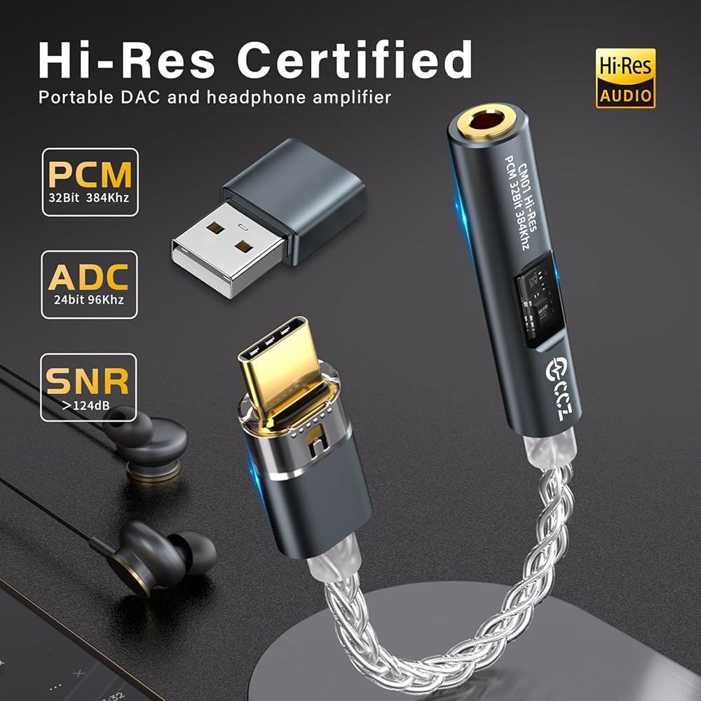 USB C - 3.5mm 오디오 잭 코드, 어댑터, DAC 포함 A ADC 듀얼 (블루) to Hi-Res 32bit/384KHz 헤드폰 장치용 칩 및 컨버터 Aux 케이블 24b - 상세 이미지 2