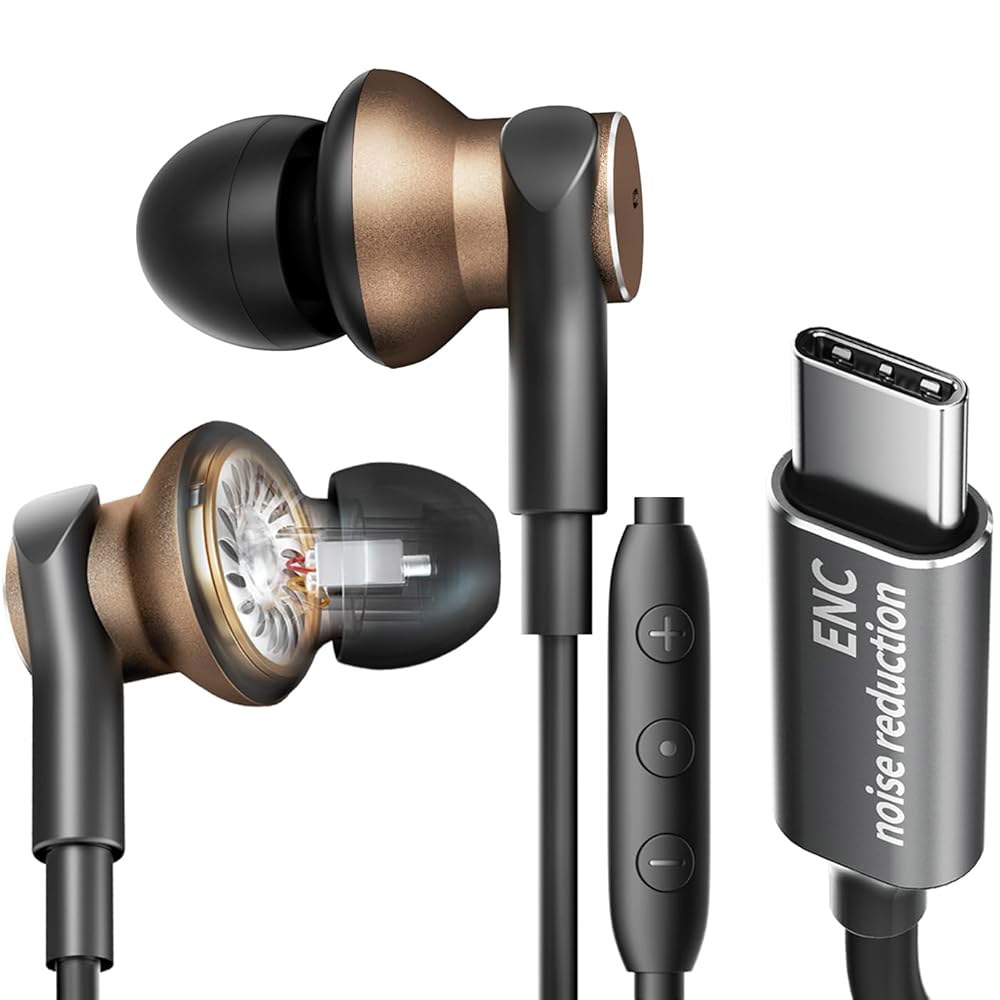 타입 C 유선 이어버드, 소음 볼륨 감소 컨트롤, USB HD 및 베이스 이어폰, 마이크, 서브우퍼 오디오 몰입형 아마추어 인이어 밸런스 다이나믹 헤드폰, 스테레오 제거 - 상품 이미지