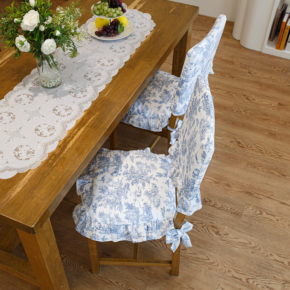 뜨왈 식탁 의자 방석 커버, 블루 면 린넨 워싱 프릴 화장대 리폼