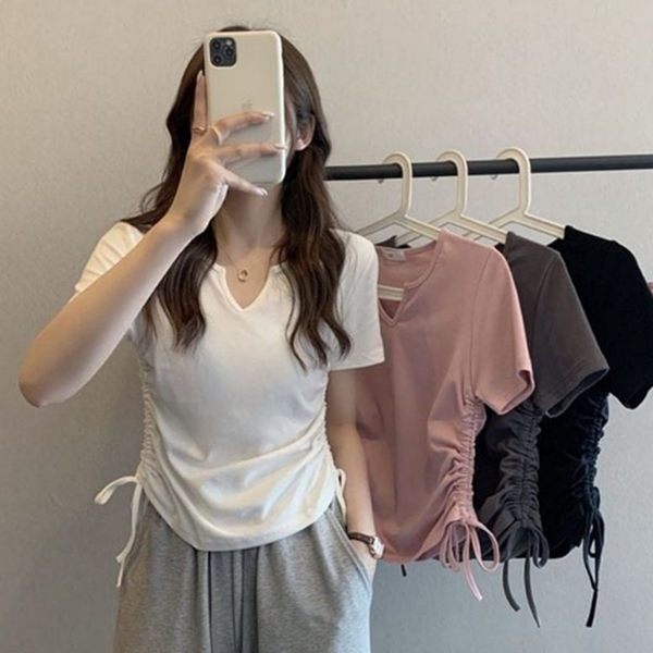 데일리 여성 반팔 티셔츠 슬림 여성 브이넥 티셔츠 베이직 코튼 - 상품 이미지