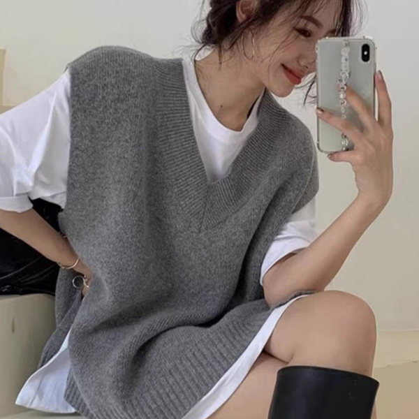 루즈핏 여성 니트 조끼 레이어드 여성 브이넥 조끼 데일리 가을 - 상세 이미지 2