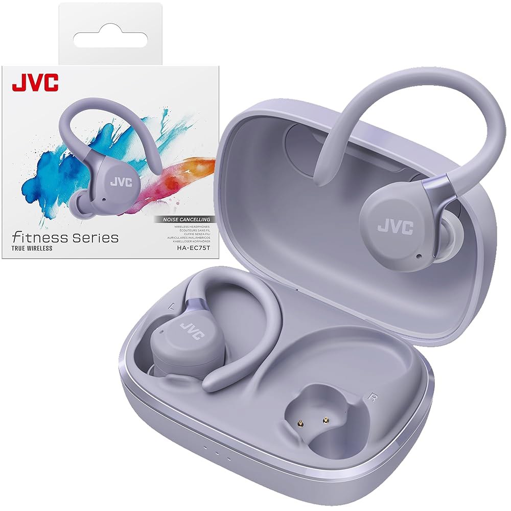 JVC Fitness Series 트루 와이어리스 짧은 주변 조절 캔슬링, 노이즈 가능한 배터리 사운드 긴 바이올렛 모드, 스포츠 후크, 이어버드, 40시간 IP57 마이크 앱 - 상품 이미지