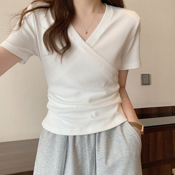 데일리스 여성 랩 반팔 티 브이넥 여자 랩 티셔츠 무지티셔츠 - 상품 이미지