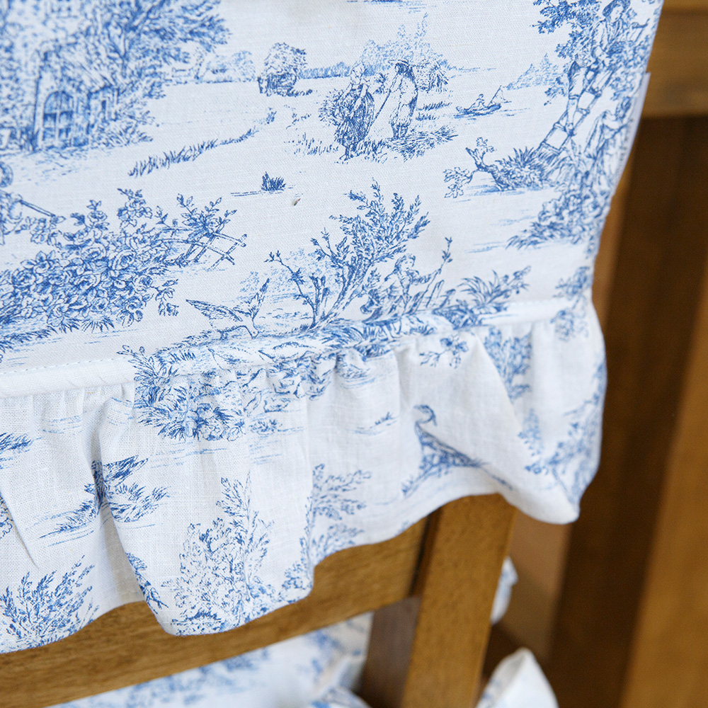 뜨왈 식탁 의자 방석 커버, 블루 면 린넨 워싱 프릴 화장대 리폼