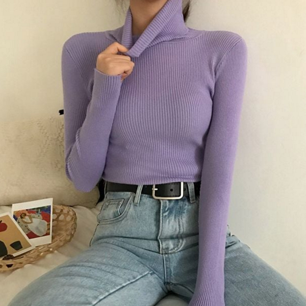 슬림핏 여성 골지 폴라티 라운드 여성 목폴라 폴라티 티셔츠 가을 - 상품 이미지