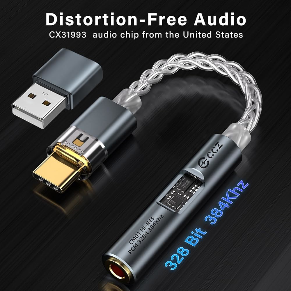 USB C - 3.5mm 오디오 잭 코드, 어댑터, DAC 포함 A ADC 듀얼 (블루) to Hi-Res 32bit/384KHz 헤드폰 장치용 칩 및 컨버터 Aux 케이블 24b - 상세 이미지 3