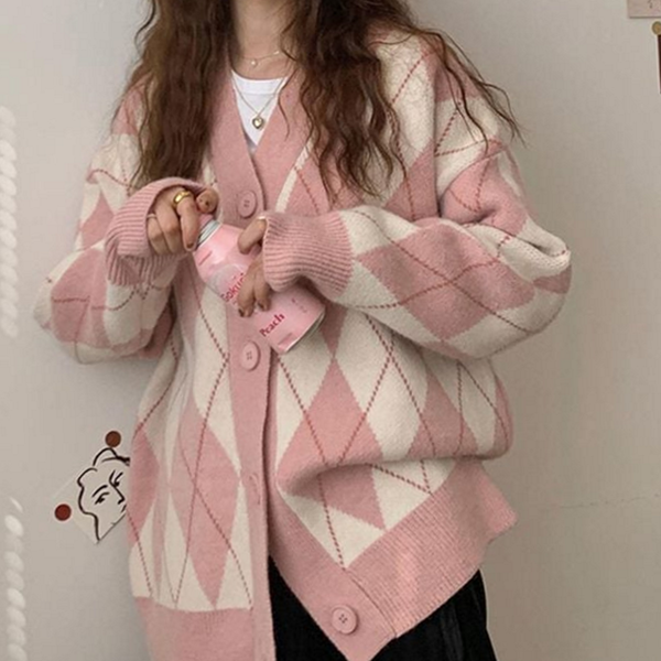 루즈핏 여성 아가일 가디건 데일리 여성 브이넥 가디건 캐주얼 간절기 - 상품 이미지