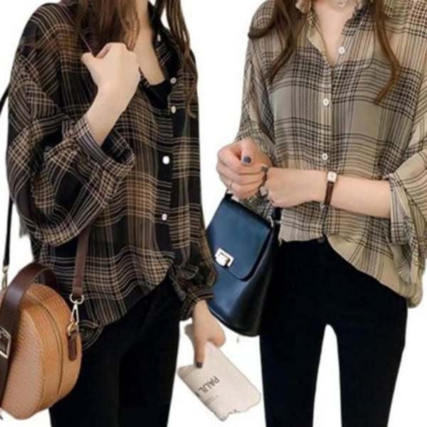루즈핏 여성 체크 셔츠 데일리 여성 오버핏 블라우스 긴소매 여름 - 상품 이미지