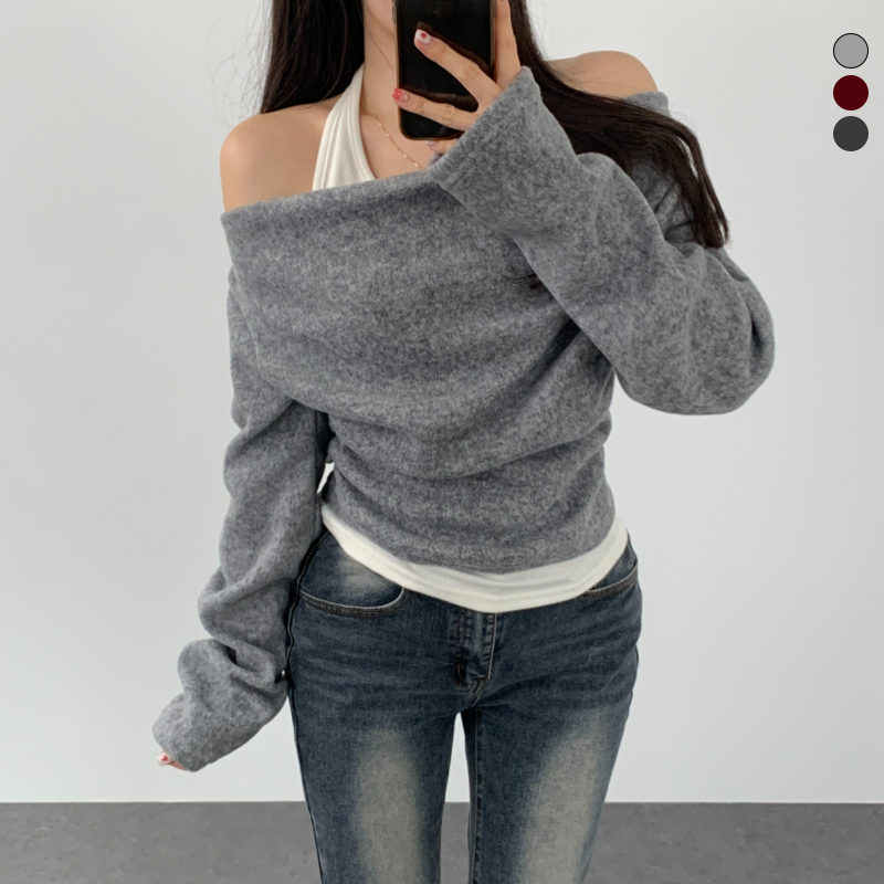 여성 홀터넥 오프숄더 기모티셔츠 - 상품 이미지