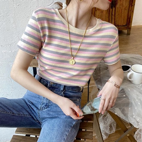 데일리 여성 반팔 티셔츠 단가라 여자 스트라이프 티셔츠 여름 기본 - 상품 이미지