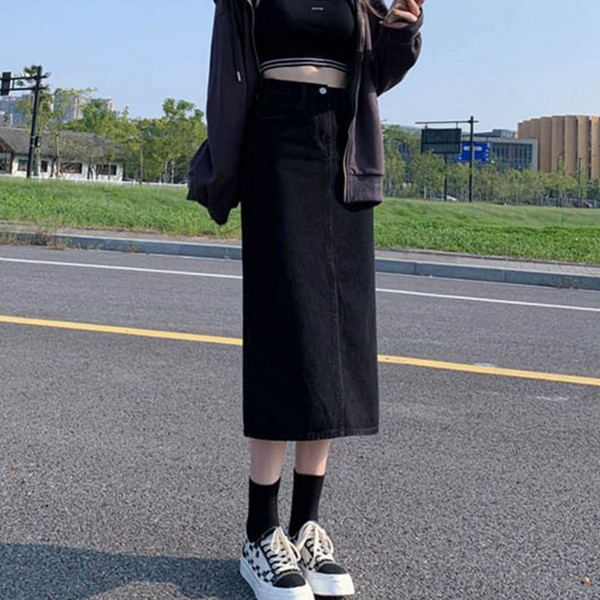 블랙 여성 데님 롱 스커트 절개 여성 청치마 롱 - 상품 이미지